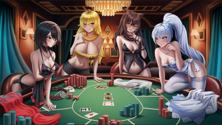 4girls blake_belladonna clothing darkrobbe1 female human lingerie multiple_girls pale_skin poker poker_cards poker_chips poker_table repost ruby_rose rwby strip_poker tagme team_rwby weiss_schnee yang_xiao_long