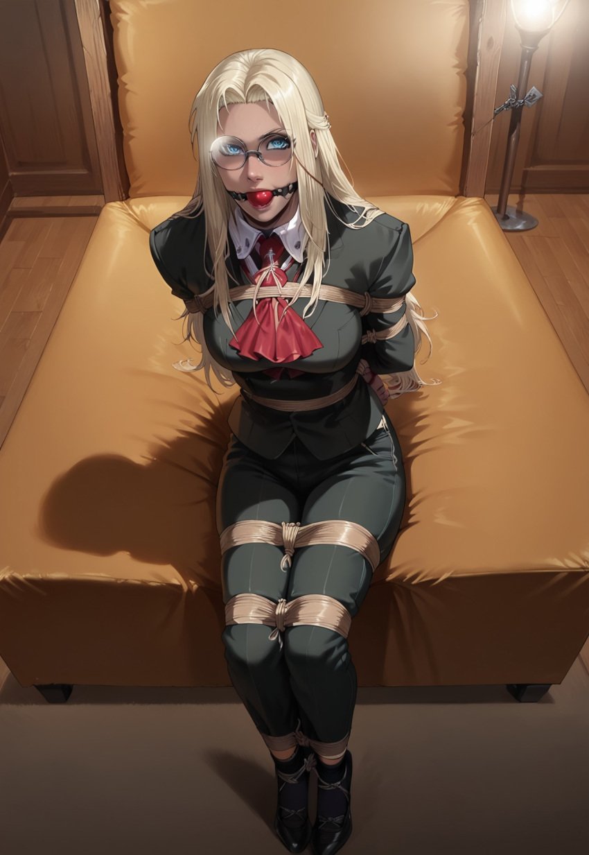 ai_generated ball_gag bondage glasses hellsing integra_hellsing n00nex tan_skin