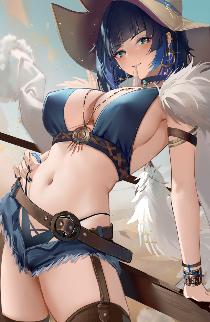 1girls belt big_breasts biting_condom blue_hair blush condom_in_mouth earrings female female_only genshin_impact green_eyes hat heart-shaped_pupils hi_res highres large_breasts loki1998 looking_at_viewer midriff minishorts navel necklace open_fly open_shorts short_hair shorts solo solo_female thick thick_thighs thighhighs voluptuous yelan_(genshin_impact)