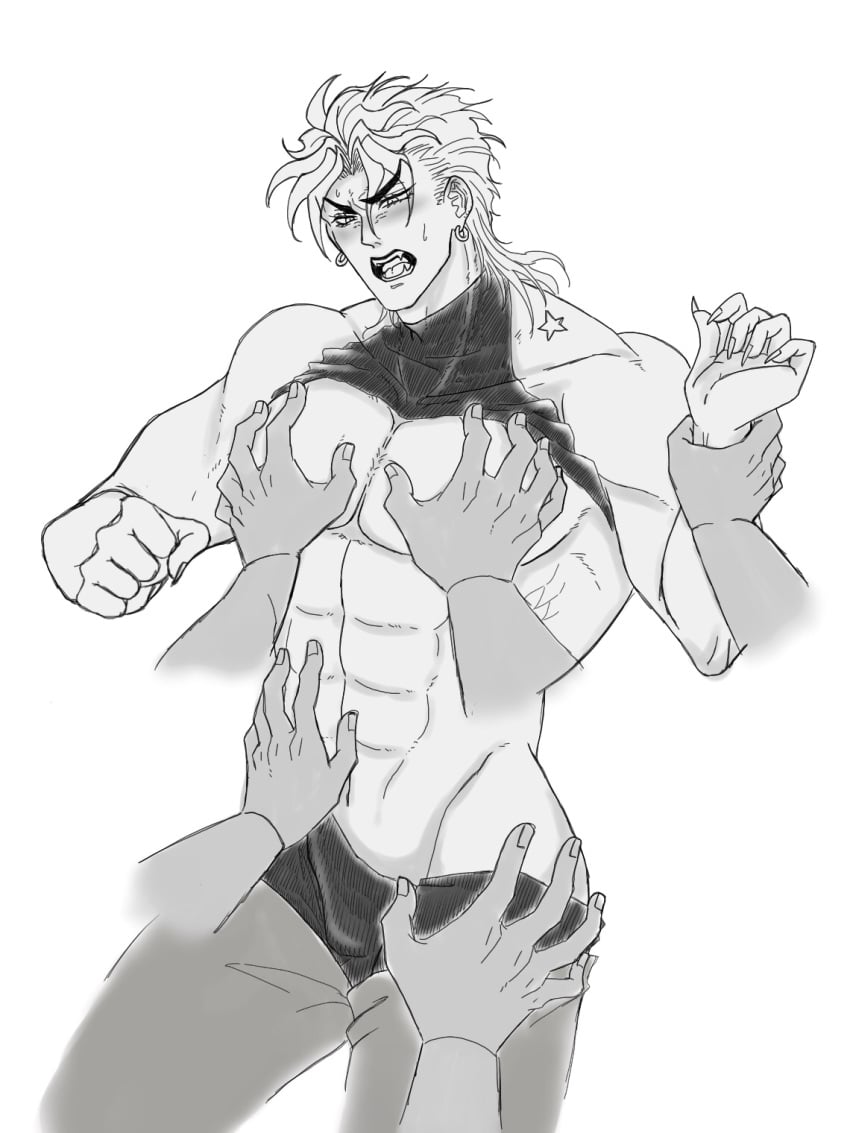 1boy abs dio_brando disembodied_hand disembodied_hands joestar_birthmark jojo's_bizarre_adventure male male_focus male_only muscular muscular_male pectorals solo_focus stardust_crusaders touching_chest