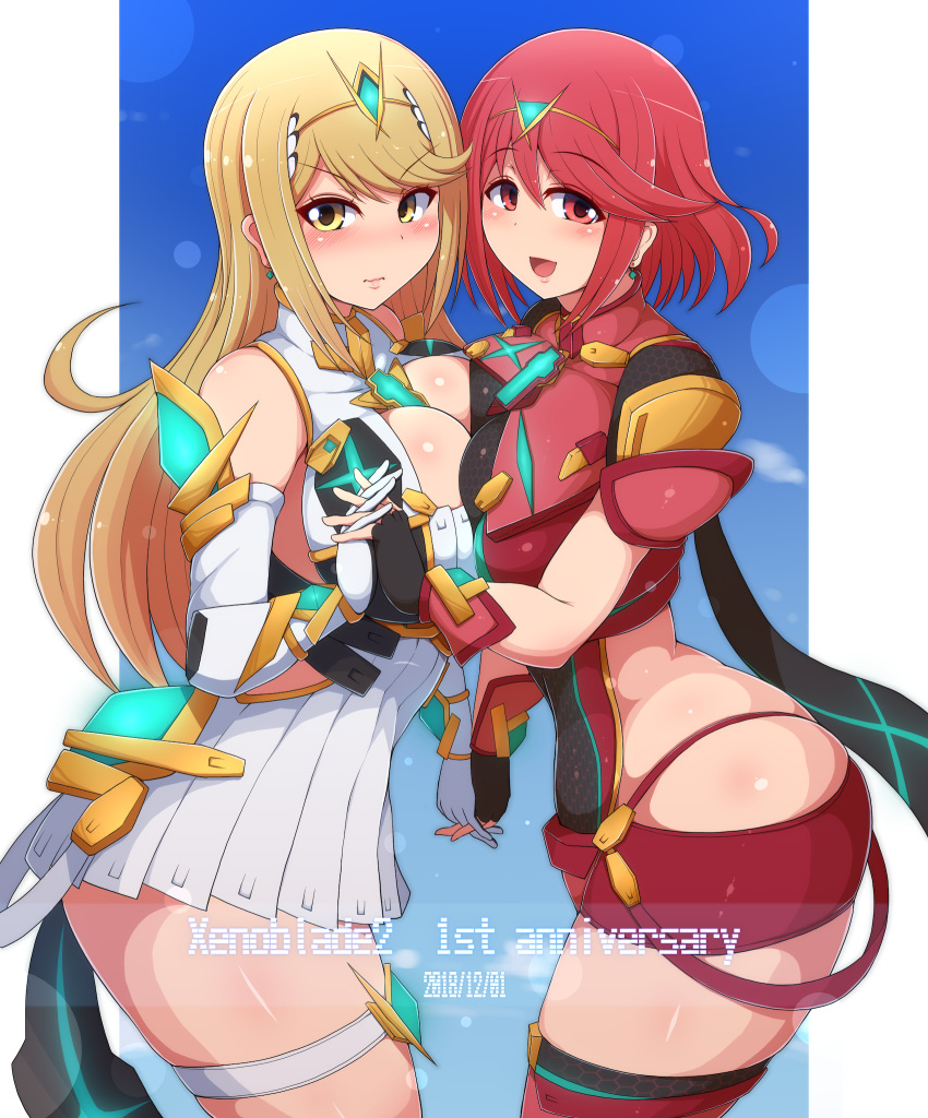 2girls anniversary bare_shoulders blonde_hair breast_press breasts circlet cleavage commentary_request core_crystal dual_persona earrings elbow_gloves fingerless_gloves gloves highres jewelry large_breasts long_hair multiple_girls mythra nintendo ponpo ponponmaru pyra red_eyes red_hair short_hair skindentation symmetrical_docking thick_thighs thigh_strap thighs xenoblade_(series) xenoblade_chronicles_2 yellow_eyes