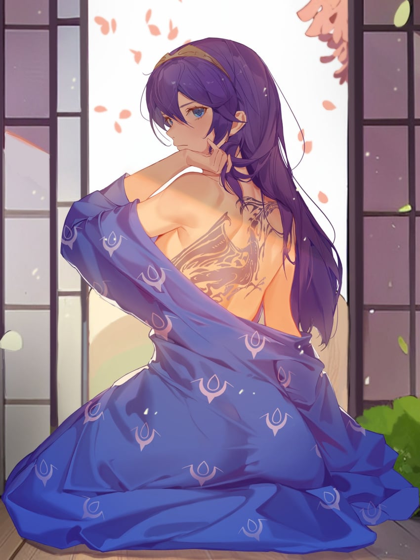 1girls alternate_costume ass ass_in_dress back back_tattoo bare_back bare_shoulders big_ass blue_eyes blue_hair brand_of_the_exalt closed_mouth dragon_tattoo falling_petals female female_only fire_emblem fire_emblem_awakening genki_xin hair_between_eyes hand_in_own_hair hand_up headband highres japanese_clothes kimono kimono_only kimono_open long_hair looking_at_viewer looking_back lucina_(fire_emblem) nintendo obsession official_alternate_costume open_door partially_undressed petals solo symbol-shaped_pupils tattoo tiara