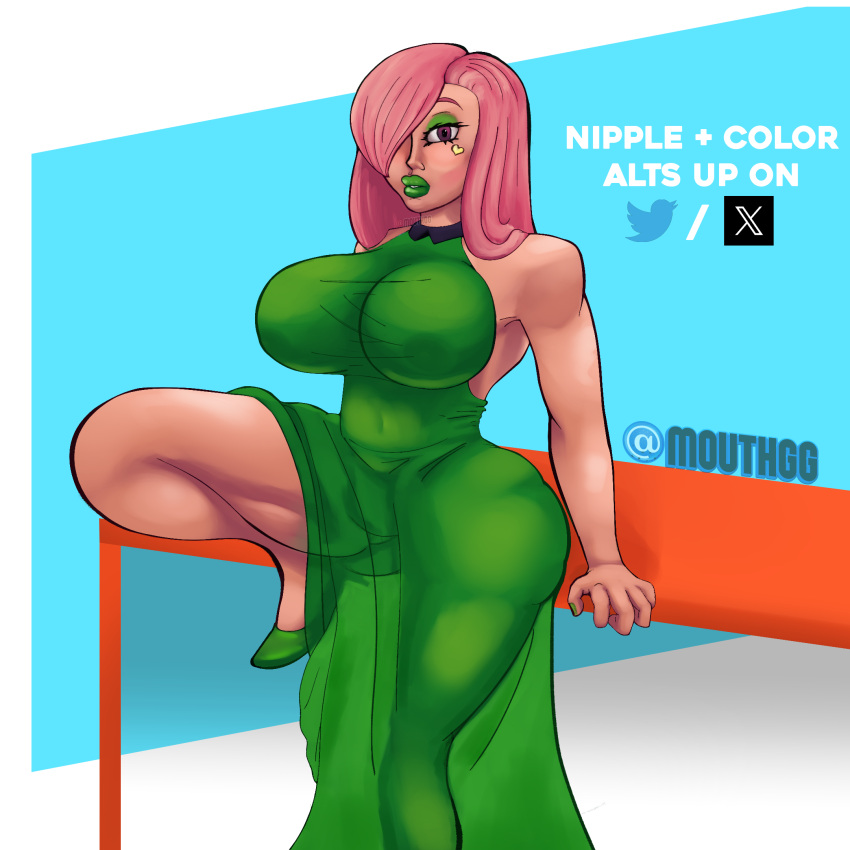 1girls ass big_lips dress eyeshadow female female_focus female_only flustered green_clothing green_dress high_heels highres huge_ass huge_breasts light-skinned_female light_skin looking_at_viewer makeup mouthgg muscular muscular_female oc original original_character painted_nails pink_hair puffy_lips purple_eyes see-through see-through_clothing tattoo thick_ass thick_lips thick_thighs tight_clothing tight_fit wide_hips