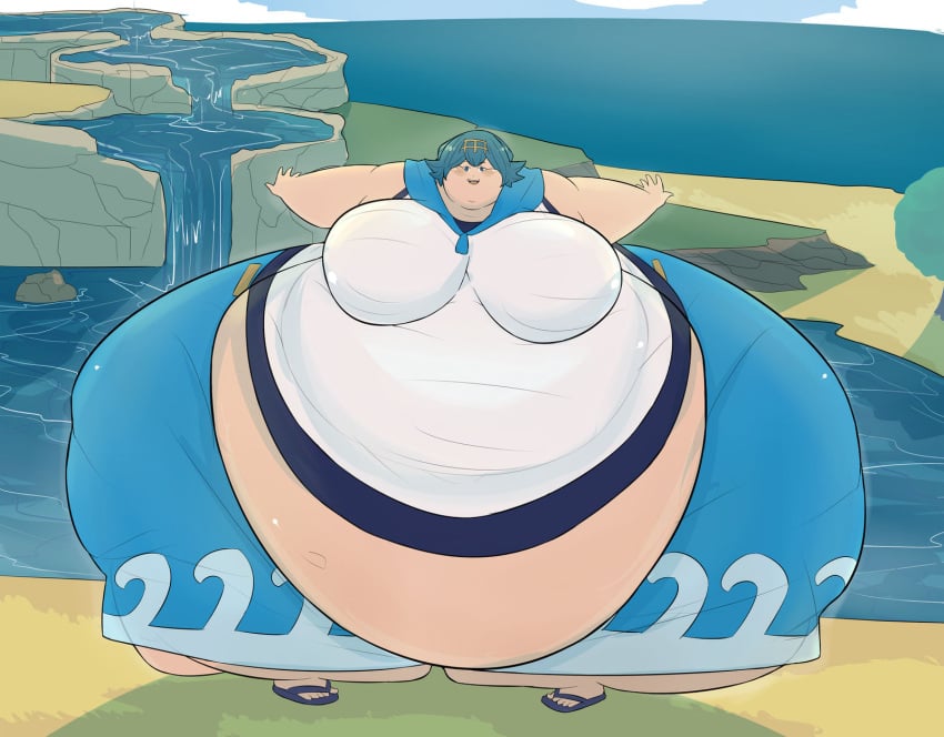 2d 2d_(artwork) beach belly big_belly blue_hair chubby chubby_female cvetkanille fat fat_ass fat_butt game_freak lana_(pokemon) nintendo pokemon shorts white_skin