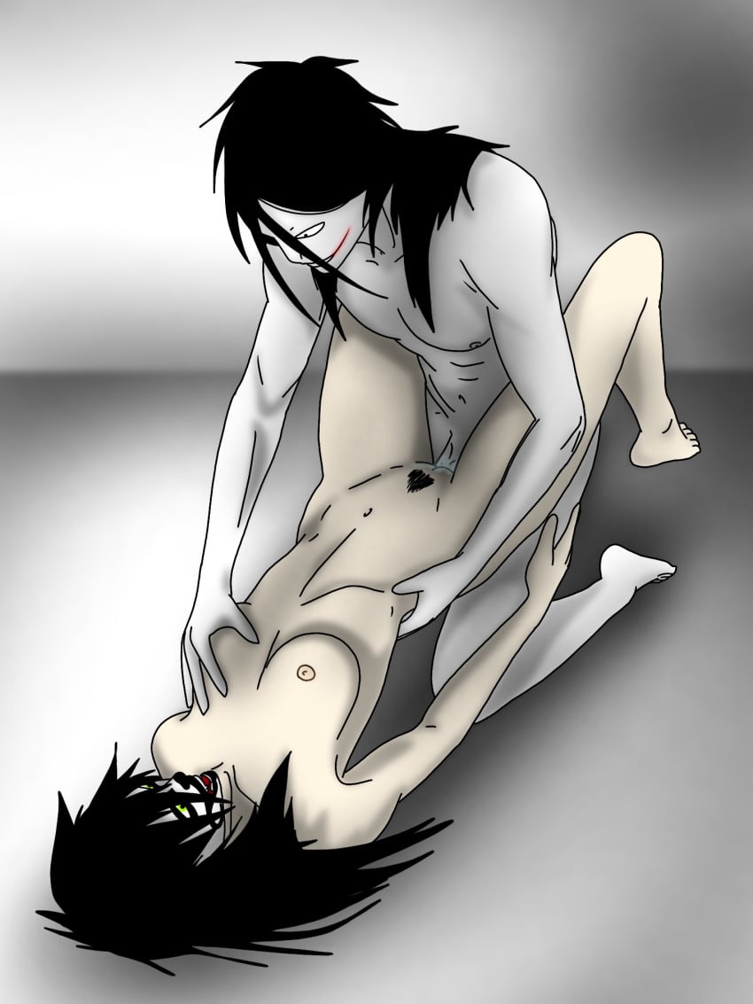 areolae bethanygamemaster black_hair breast_grab breasts creepypasta duo female green_eyes jeff_the_killer long_hair male missionary_position nipples nude open_mouth original_character pale_skin penis pubic_hair pussy pussy_juice sex smile