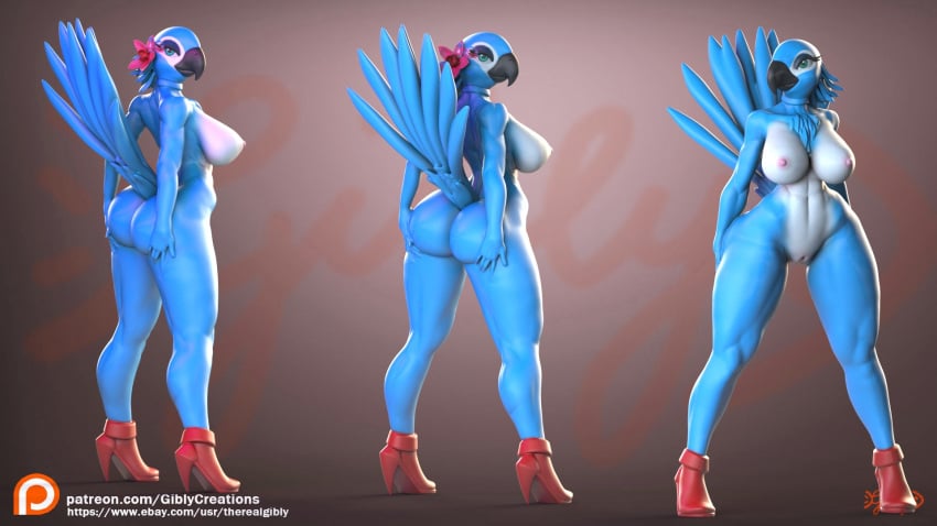 3d_(artwork) accessory anthro anthro_only ass avian beak big_breasts big_butt bird blue_sky_studios breasts clothing digital_media_(artwork) feathers female flower flower_in_hair footwear genitals gibly hair hair_accessory hi_res high_heels hybrid jewel_(rio) mostly_nude muscular muscular_female nipples plant presenting presenting_hindquarters pussy rio_(series) simple_background solo spread_butt spreading standing thick_thighs