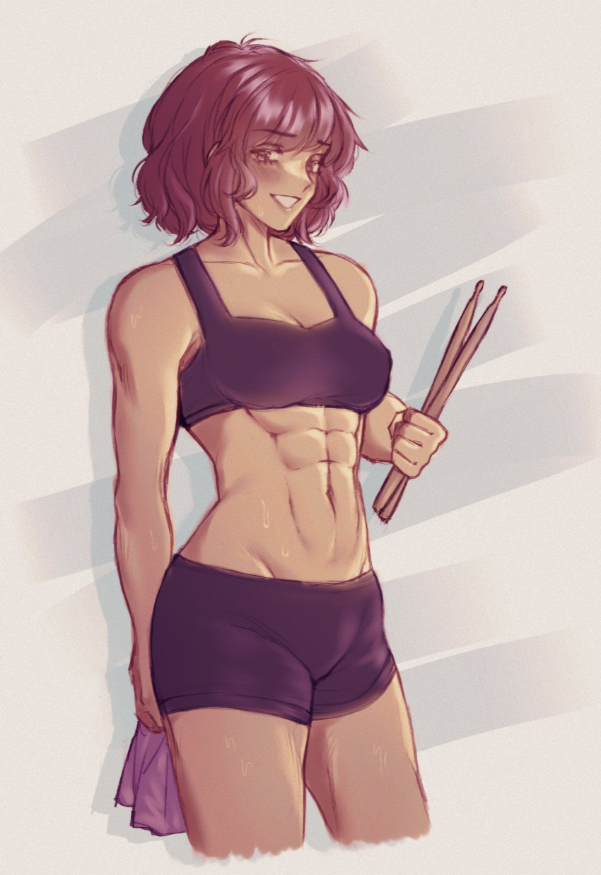 abs absurdres breasts drumsticks female highres horikawa_raiko midriff muscular muscular_female orz_(kagewaka) raiko_horikawa red_hair short_hair shorts simple_background small_breasts smile sports_bra thighs touhou towel