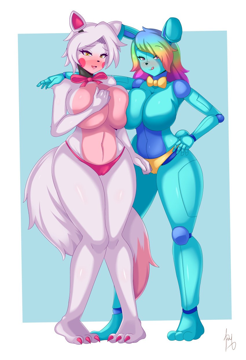 2girls blue_body breast_squeeze breast_squish five_nights_at_freddy's five_nights_in_anime fnia hand_on_another's_shoulder hi_res magenta_eyes mangle_(fnaf) mangle_(fnia) pink_body pink_fur purplehorny rainbow_hair riley_solstice_(labster) robot yellow_eyes