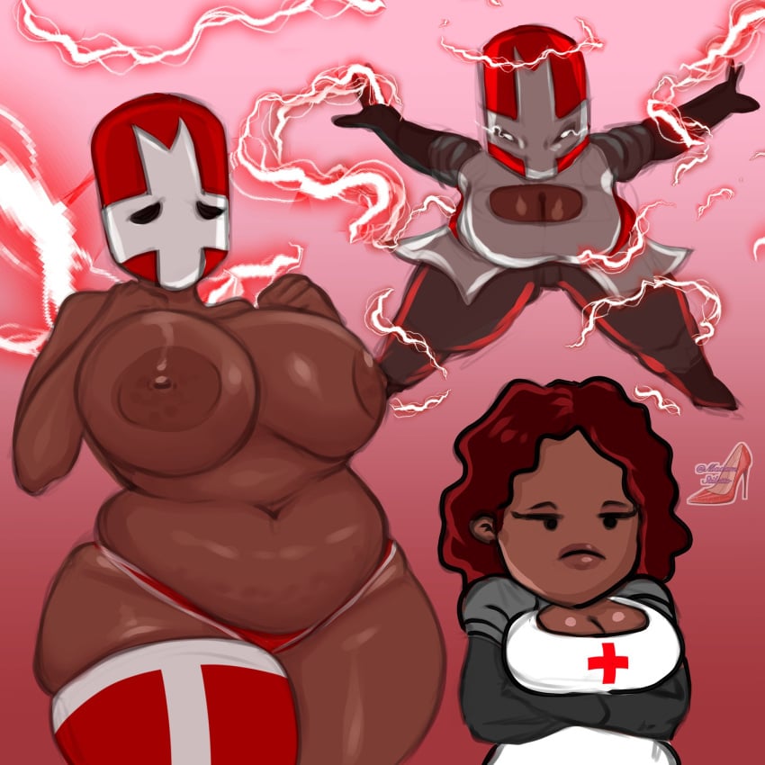 angry angry_expression areola areolae belly belly_button big_areola big_areolae big_breasts boob_window castle_crashers chubby chubby_female crossed_arms crossing_arms curly_hair dark-skinned_female dark_skin dynamic_pose female female_only fully_clothed helmet knight lightning madam_stiletto mostly_nude naked navel neutral_expression nude panties red_hair red_knight_(castle_crashers) shy shy_expression simple_background thick_thighs thighhighs thighs worried_expression