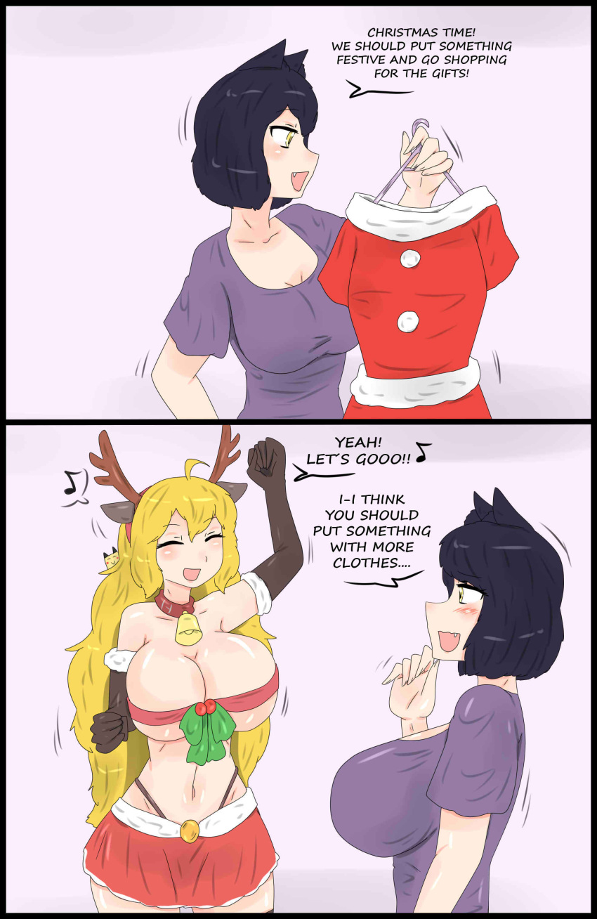 2girls black_hair black_hair_female blake_belladonna blonde_female blonde_hair cat_ears christmas christmas_clothing christmas_headwear covered_nipples fjtiko long_hair long_hair_female multiple_girls rwby yang_xiao_long zronku