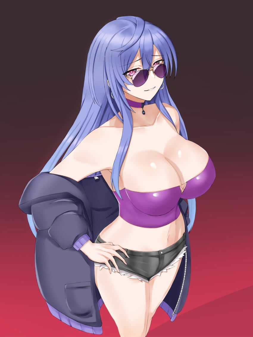 1girls aviator_sunglasses belly_button blue_hair breasts choujigen_game_neptune cleavage clothed clothing compile_heart confident earrings female female_only hand_on_hip huge_breasts idea_factory iris_heart light-skinned_female light_skin looking_at_viewer looking_over_eyewear looking_over_glasses looking_over_sunglasses neptunia_(series) pink_eyes plutia purple-tinted_eyewear sassy shorts solo sunglasses symbol-shaped_pupils tinted_eyewear zatsu