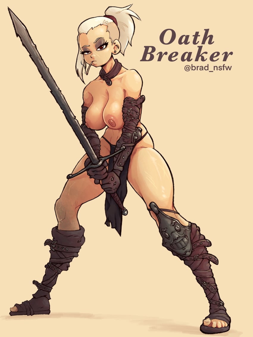 1girls barbarian big_breasts black_eyes boots brad_nsfw breasts cigarette collar ear_piercing eyeliner eyeshadow gloves hanging_breasts holding_sword holding_weapon kneehighs large_breasts leather leather_clothing light-skinned_female light_skin loincloth longsword nipples oppai patreon_username piercing raised_eyebrow red_eyes sandals scar scars scowl self_upload smoking solo stance straps sword tan_body tanned thick_thighs thighs tired_eyes undercut warrior weapon white_hair