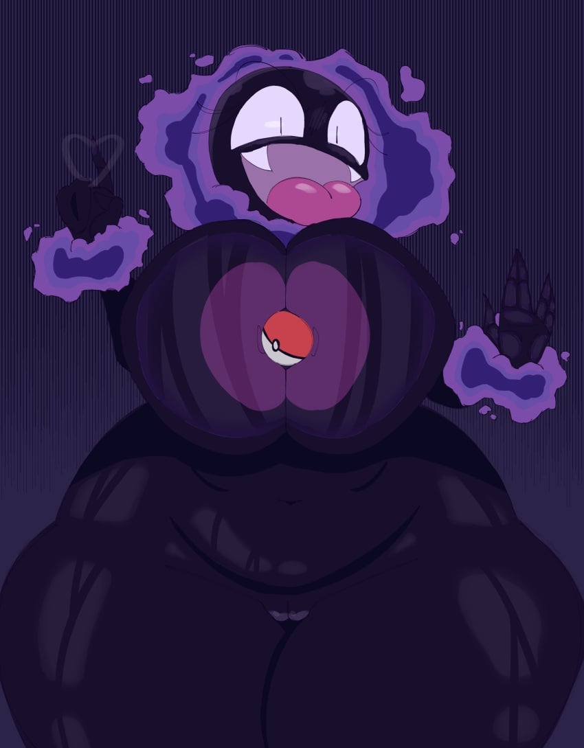 absurd_res against_surface areola big_breasts black_eyes breasts breasts_on_glass eyelashes fangs female gastly generation_1_pokemon genitals heart hi_res huge_breasts humanoid justelm25 looking_at_viewer navel nintendo nipples nude on_glass open_mouth pokeball pokemon pokemon_(species) pupils purple_areola purple_background purple_body purple_nipples pussy simple_background slit_pupils solo spirit teeth thick_thighs tongue tongue_out wide_hips