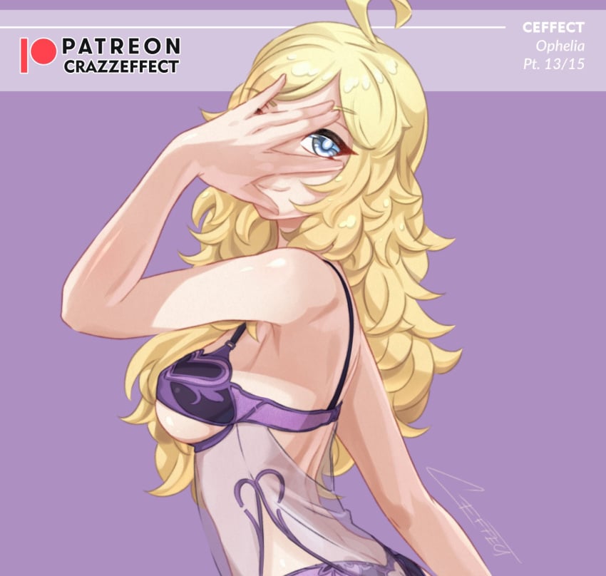 1girls ahoge alternate_breast_size armpits back bare_arms bare_back blonde_hair bra breasts covering_face crazzeffect female female_only fire_emblem fire_emblem_fates lingerie long_hair medium_breasts nightgown nintendo ophelia_(fire_emblem) panties pose purple_background purple_panties see-through smile solo teenager upper_body