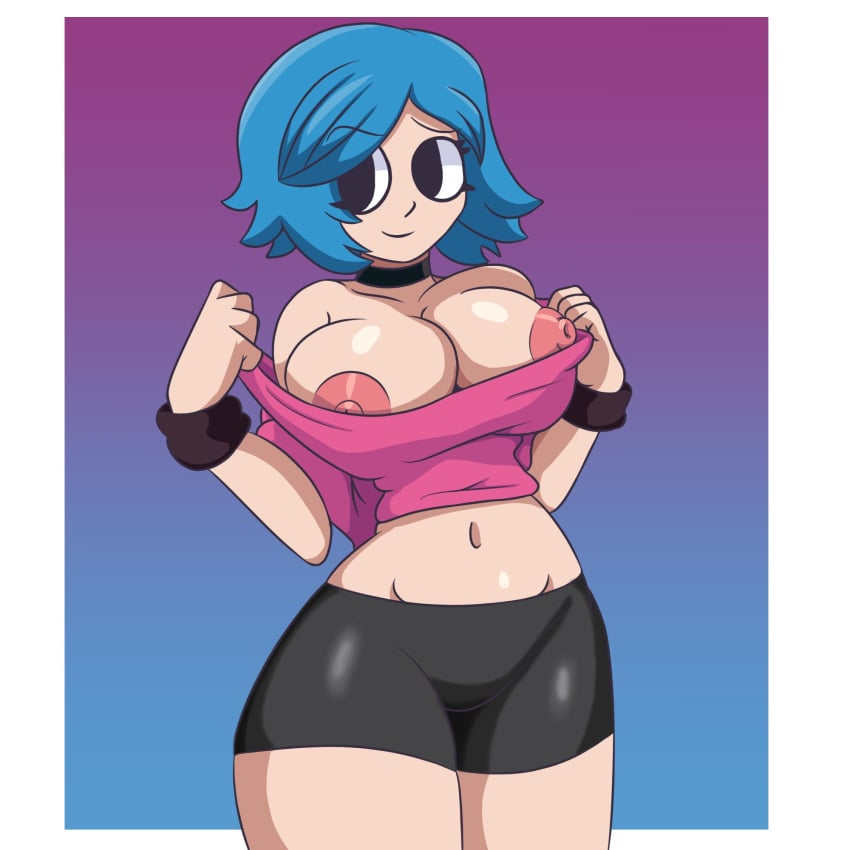 1girls bare_shoulders black_eyes black_shorts blue_hair breasts female iggy-bomb partially_clothed presenting presenting_breasts ramona_flowers scott_pilgrim short_hair solo solo_female