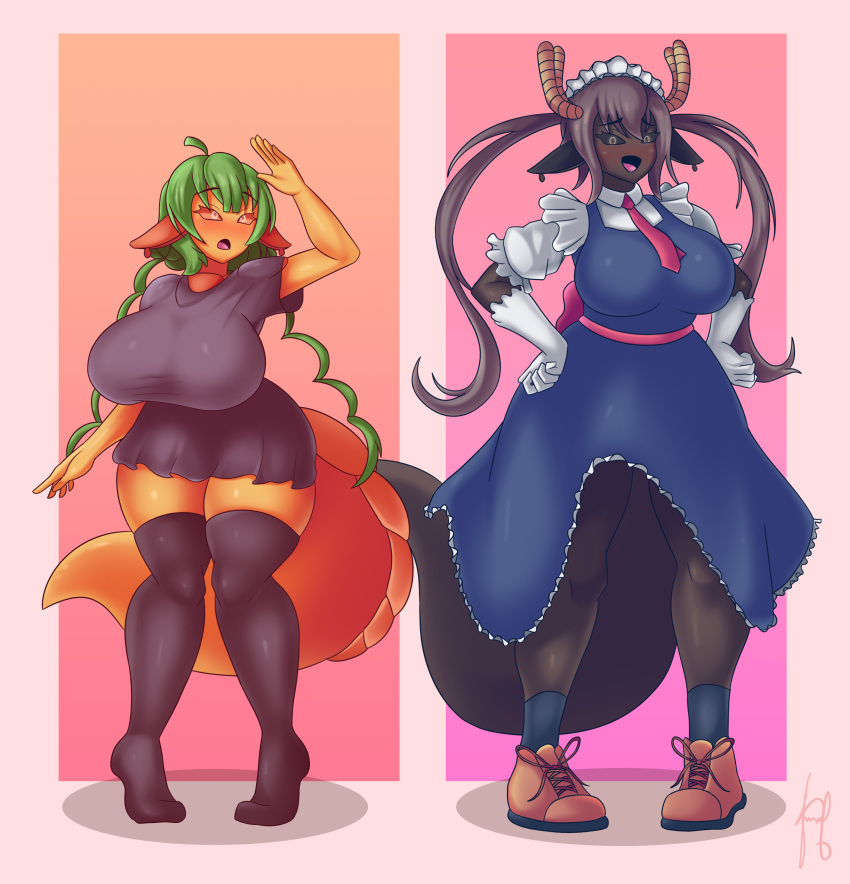 2girls anthro brown_body brown_hair cola_(altnitro) cosplay curious dragon female green_hair ilulu_(dragon_maid) kobayashi-san_chi_no_maidragon looking_at_viewer looking_up maid_uniform multiple_girls oj_(altnitro) orange_body oversized_shirt purplehorny thighhighs tohru_(dragon_maid)