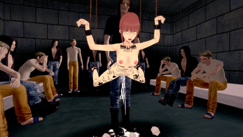 body_writing bondage braided_hair chainsaw_man dripping_cum gangbang goldieecchi jumpsuit looking_at_viewer makima_(chainsaw_man) male meat_toilet multiple_boys prison prisoner red_hair rope ugly_bastard