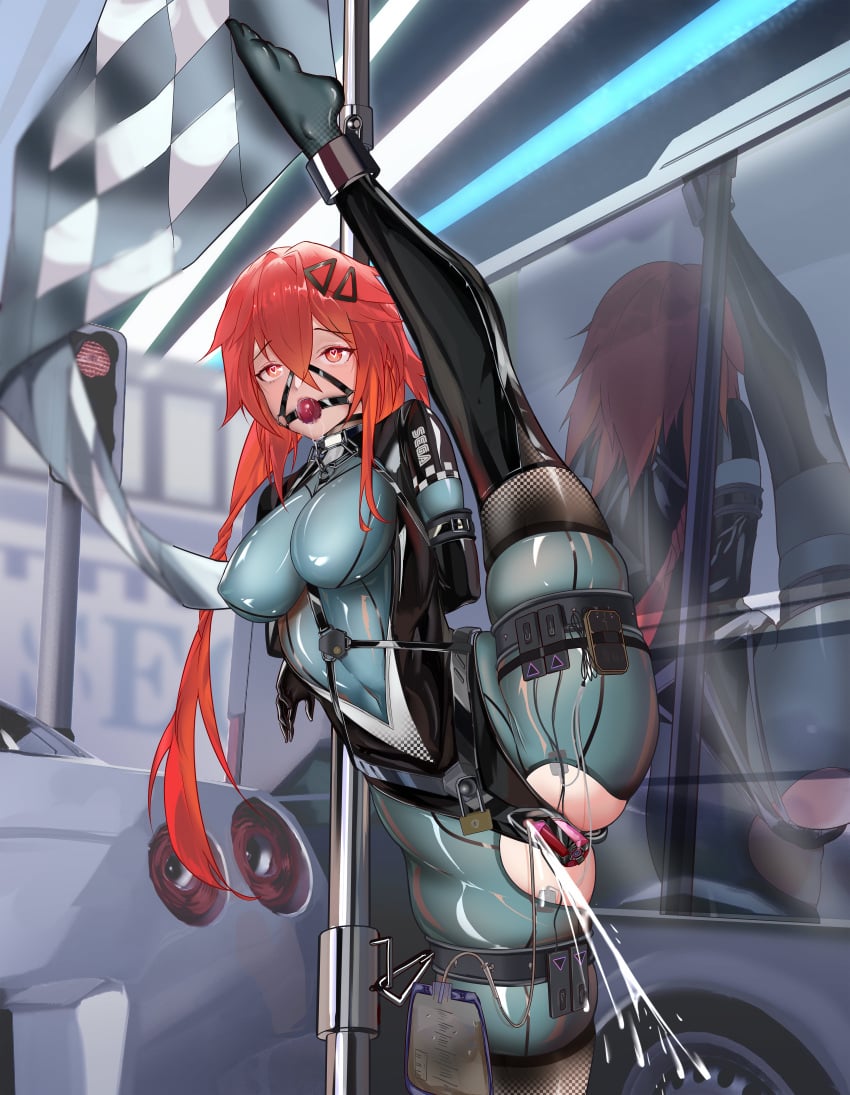 absurdres ball_gag blue_bodysuit bodysuit bondage bound breasts bus car checkered_flag commission egg_vibrator female flag gag hair_ornament hairclip heart heart-shaped_pupils high_heels highres latex long_hair maho_shi_ma medium_breasts motor_vehicle neptunia_(series) orange_eyes red_eyes red_hair reflection remote_control_vibrator restrained second-party_source sex_toy shin_jigen_game_neptune_vii solo split standing standing_on_one_leg standing_split stripper_pole symbol-shaped_pupils twintails uzume_tennouboshi very_long_hair vibrator