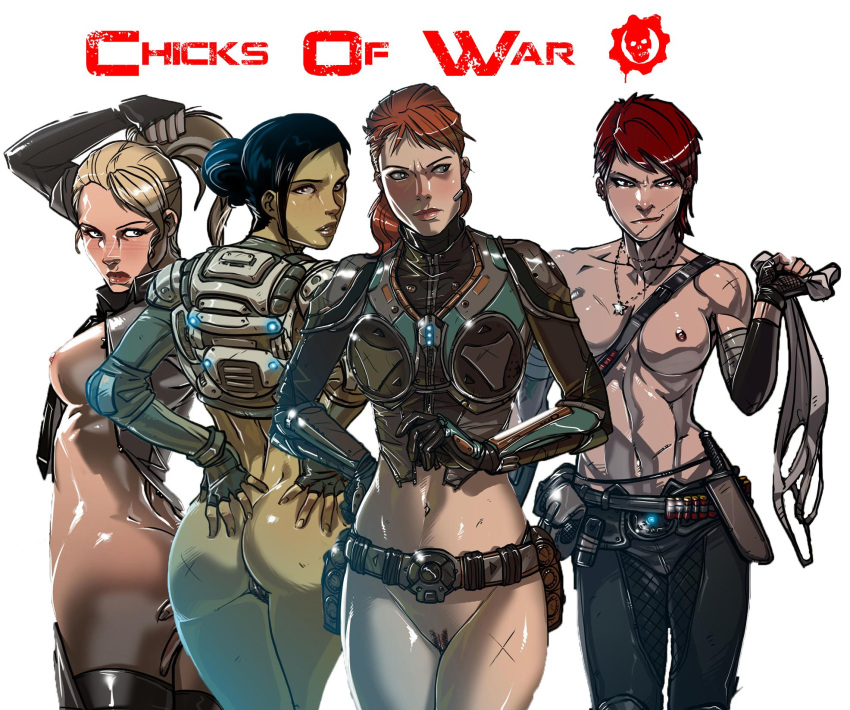 abs alexandra_brand alicia_valera anya_stroud armor ass ass_grab belt black_hair blonde_hair bottomless breasts dat_ass female ganassa gears_of_war knife medium_breasts ponytail pubic_hair pussy red_hair scars small_breasts smile sofia_hendrik tank_top topless