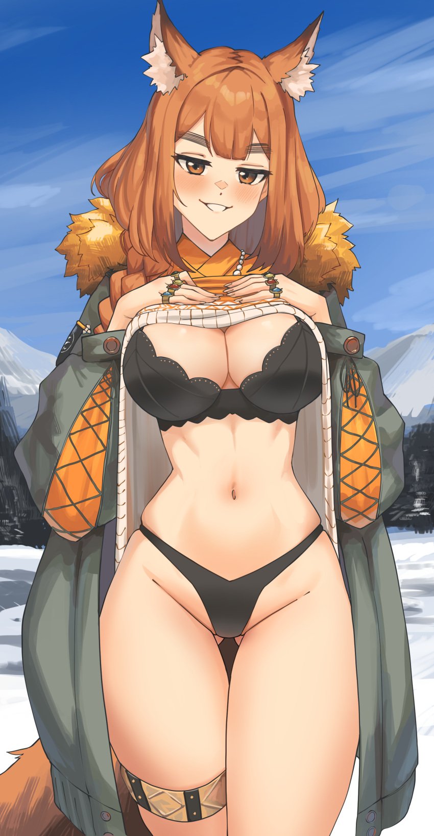 1girls animal_ear_fluff animal_ears arknights big_breasts bikini black_panties fox_ears fox_girl fox_tail ginger ginger_hair hi_res kemonomimi light-skinned_female light_skin looking_at_viewer orange_eyes radioneet ratatos_browntail_(arknights) showing_off smile solo standing underwear