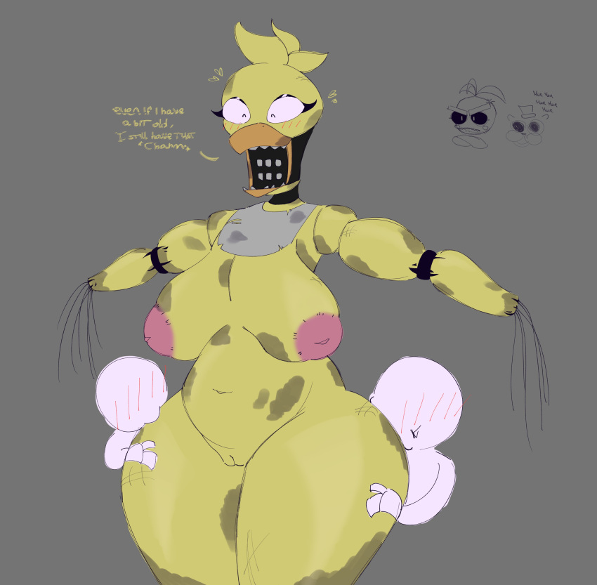 absurd_res animatronic anthro areola avian beak bib big_breasts bird blush blush_lines breasts chicken closed_eyes dialogue eyelashes female five_nights_at_freddy's five_nights_at_freddy's_2 galliform gallus_(genus) genitals grey_background group head_feathers head_tuft hi_res huge_breasts human inverted_nipples justelm25 larger_female machine mammal navel nipples nude phasianid pink_areola pink_nipples pussy robot scottgames simple_background size_difference slightly_chubby text thick_thighs trio tuft wide_hips wire withered_chica yellow_body