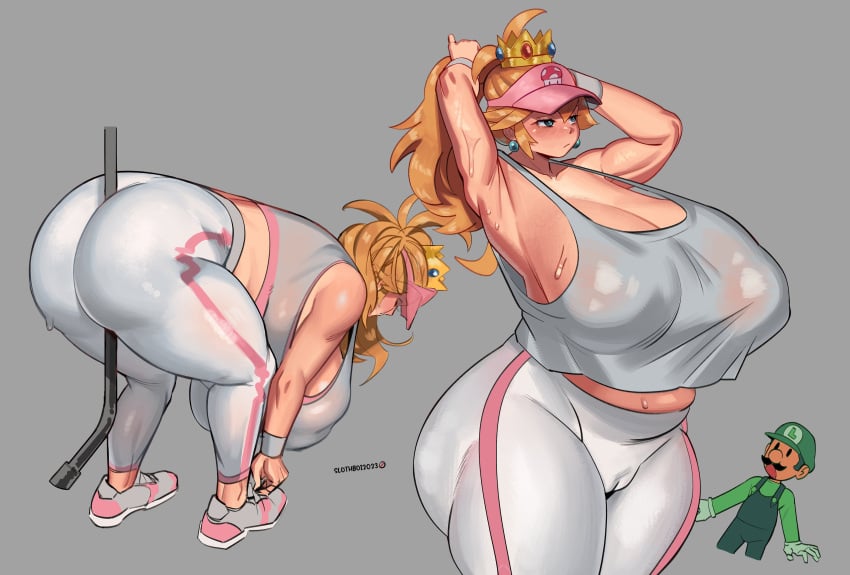 1girls alternate_body_type alternate_breast_size ass big_ass big_breasts blonde blonde_female blonde_hair blue_eyes breasts busty butt cleavage crown curvaceous curvy curvy_body curvy_female female huge_ass huge_breasts large_ass large_breasts leggings long_hair luigi mario_(series) mario_tennis ponytail princess_peach slothboi tennis_outfit thick_thighs thighs tight_clothing tights voluptuous