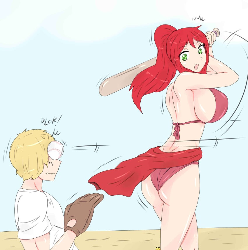 1boy 1girls baseball_(ball) baseball_bat baseball_glove beach bikini bikini_bottom bikini_top blonde_hair fjtiko hitting_head jaune_arc pyrrha_nikos red_hair red_hair_female rwby zronku