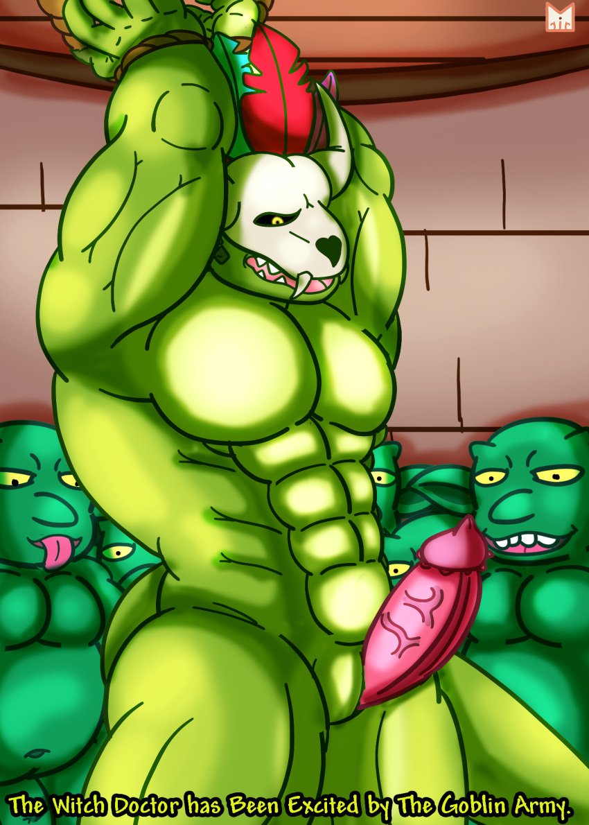 anthro bone boner bound digital_media_(artwork) erection genitals goblin green_body green_skin group group_sex hands_tied hi_res humanoid lizardman male male/male male_only nude penis pointy_penis red_panda_mirr rope scalie sex simple_background skull slit terraria witch_doctor_(terraria) wrists_tied