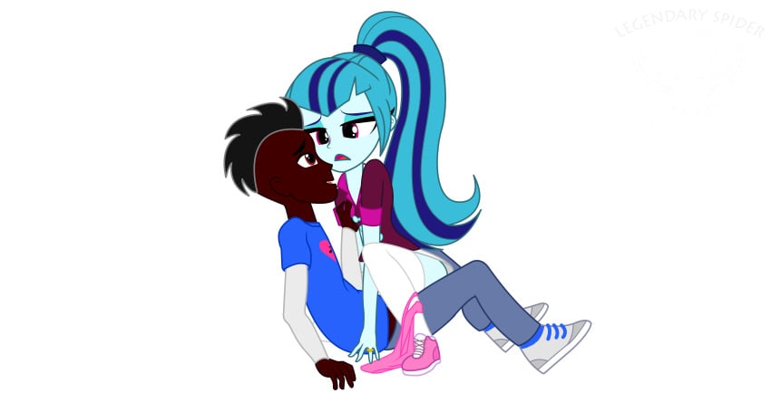 1boy 1girls accurate_art_style ambiguous_penetration blue_hair clothed dark-skinned_male equestria_girls grabbing_breasts human_male legendary-spider long_hair my_little_pony oc pansties panties_around_one_leg pink_eyes pink_panties ponytail sex sonata_dusk