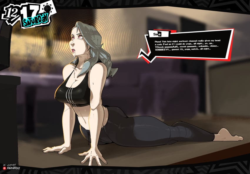 atlus darkhatboy gray_hair hypnosis hypnotic_eyes persona persona_5 sae_niijima sports_bra yoga yoga_pants