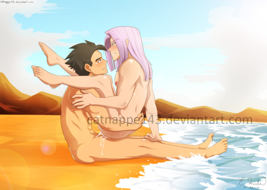 beach black_hair catnappe143 color cum day dragon_ball dragon_ball_z gay hair male male_only multiple_males muscles nude outdoors purple_hair sex side_view sitting son_gohan trunks_briefs water yaoi