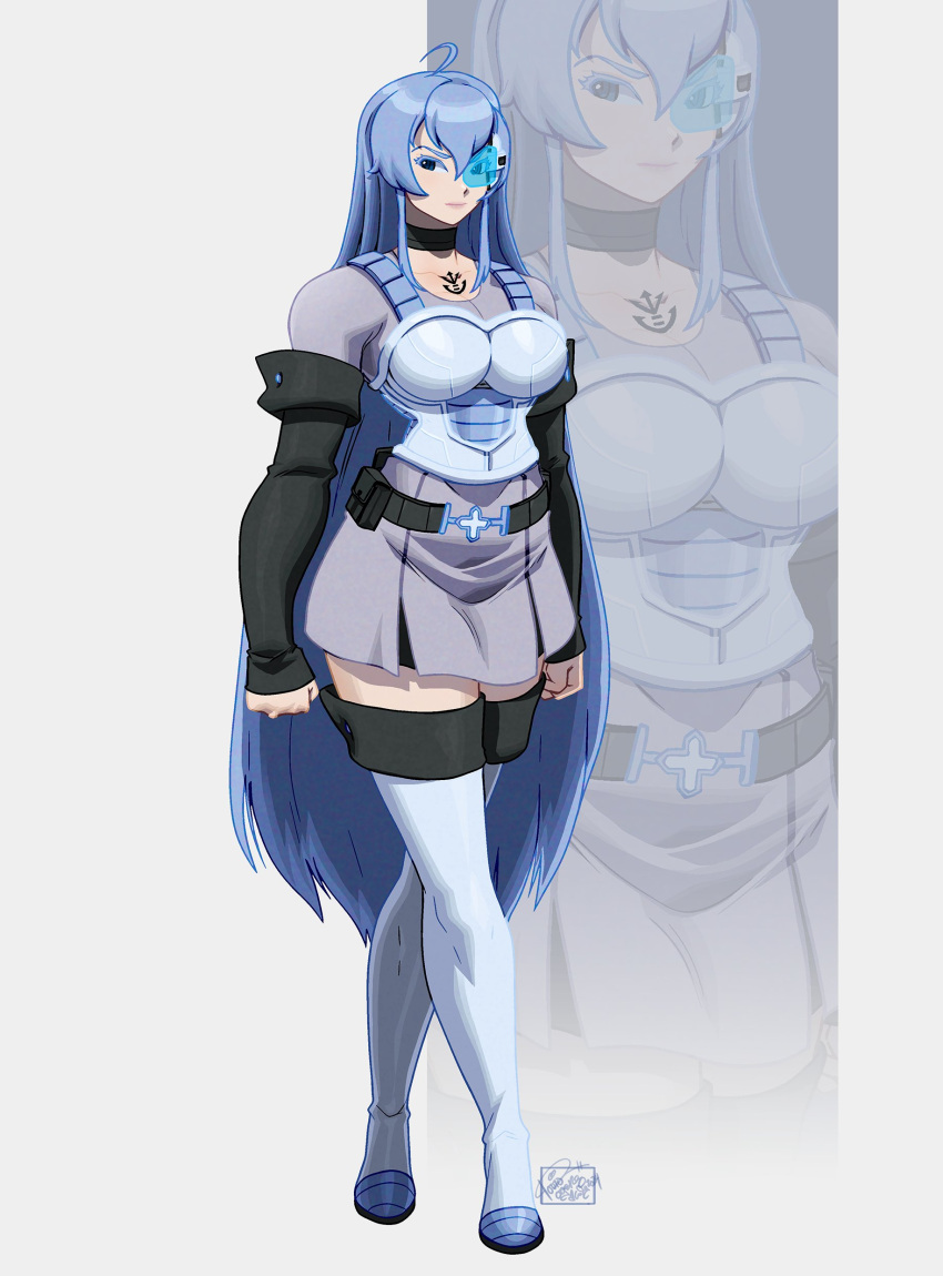 1girls ahoge akame_ga_kill! armwear blue-tinted_eyewear blue_hair choker commission dragon_ball esdeath_(akame_ga_kill!) female female_only full_body hi_res high_boots long_hair looking_at_viewer saiyan_armor scouter skirt solo tinted_eyewear tovio_rogers very_long_hair white_background zoom_layer