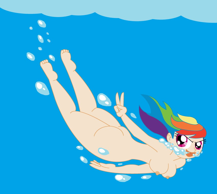 ass eyelashes friendship_is_magic large_breasts long_hair my_little_pony nipples nude open_mouth peace_sign rainbow_dash_(mlp) red_eyes skinny_dipping smooth_skin swimming the1stmoyatia underwater