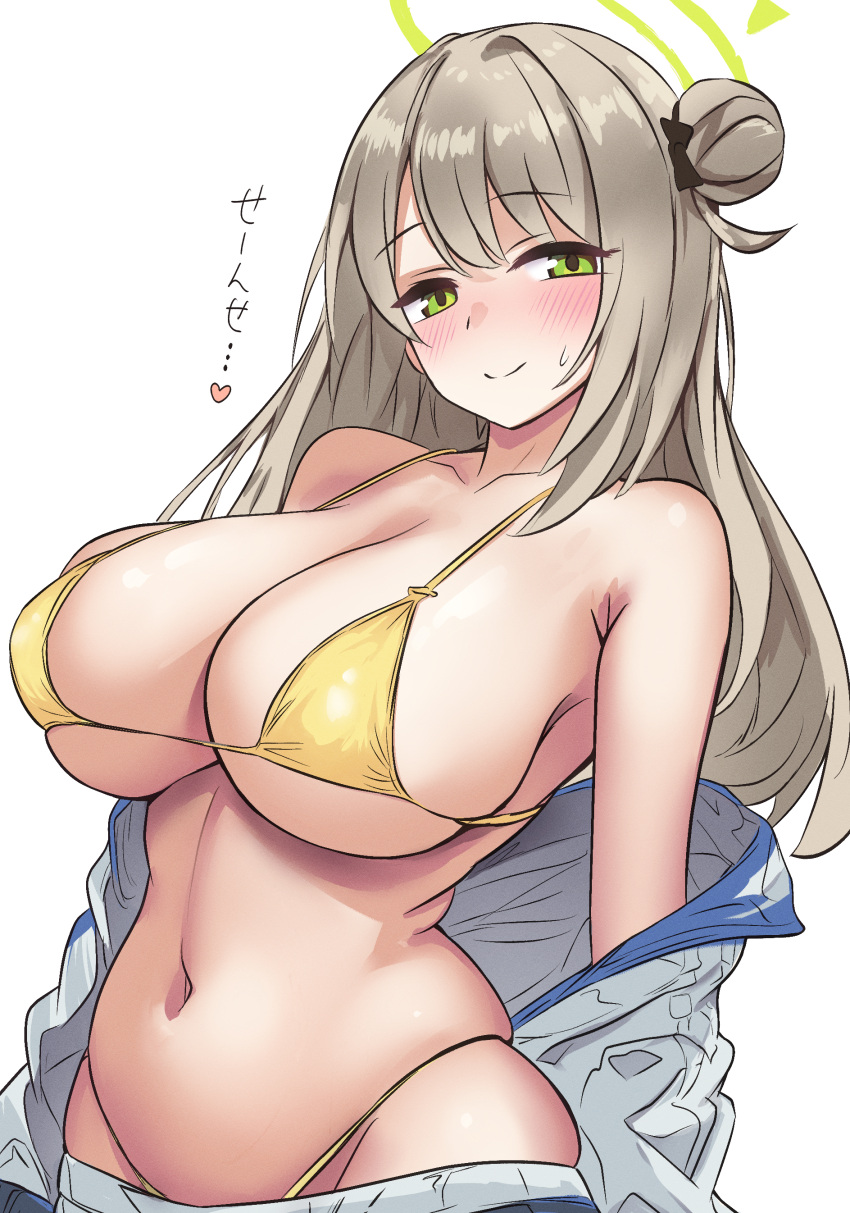 abydos_high_school_student bikini blue_archive blush breasts foreclosure_task_force_(blue_archive) green_eyes halo large_breasts metsu_end nonomi_(blue_archive) nonomi_(swimsuit)_(blue_archive) swimsuit tagme