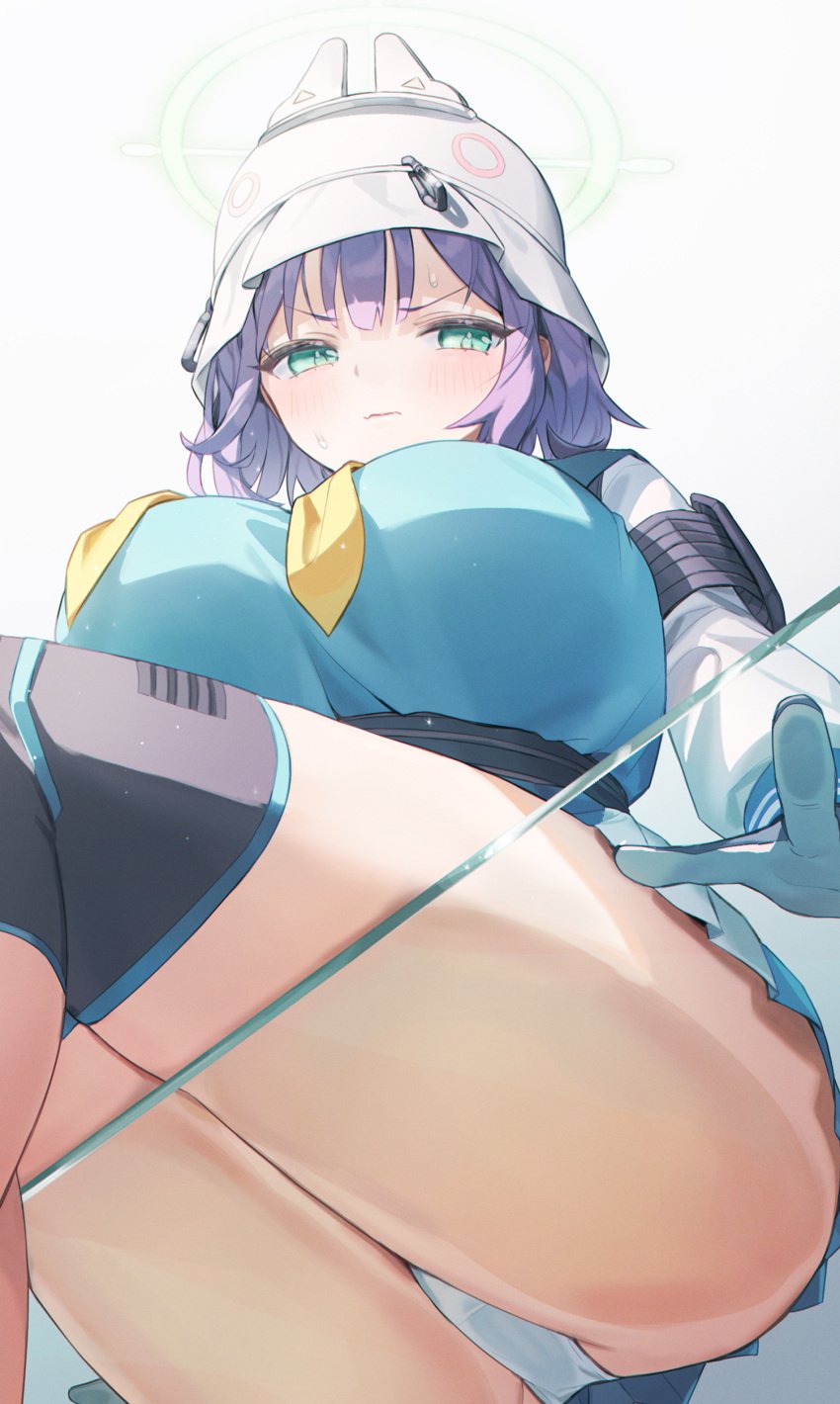 artist_request ass blue_archive breasts halo on_glass panties purple_hair rabbit_squad_(blue_archive) saki_(blue_archive) sitting_on_glass skirt srt_special_academy_student tagme tagme_(artist) white_panties