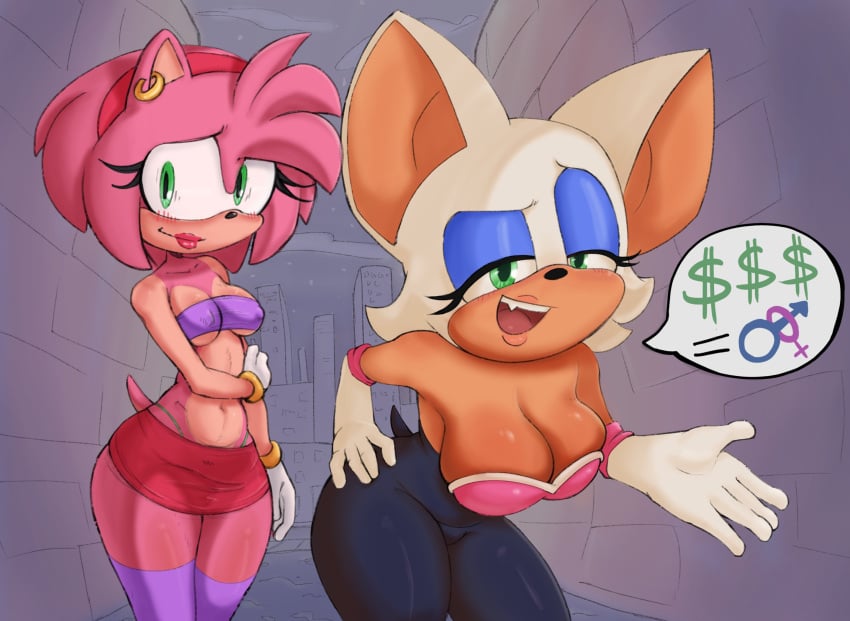 2girls amy_rose anthro big_breasts cleavage crop_top earrings furry lipstick nervous_smile pinkfalcon prostitution rouge_the_bat sega skirt sonic_(series) speech_bubble thighhighs thong