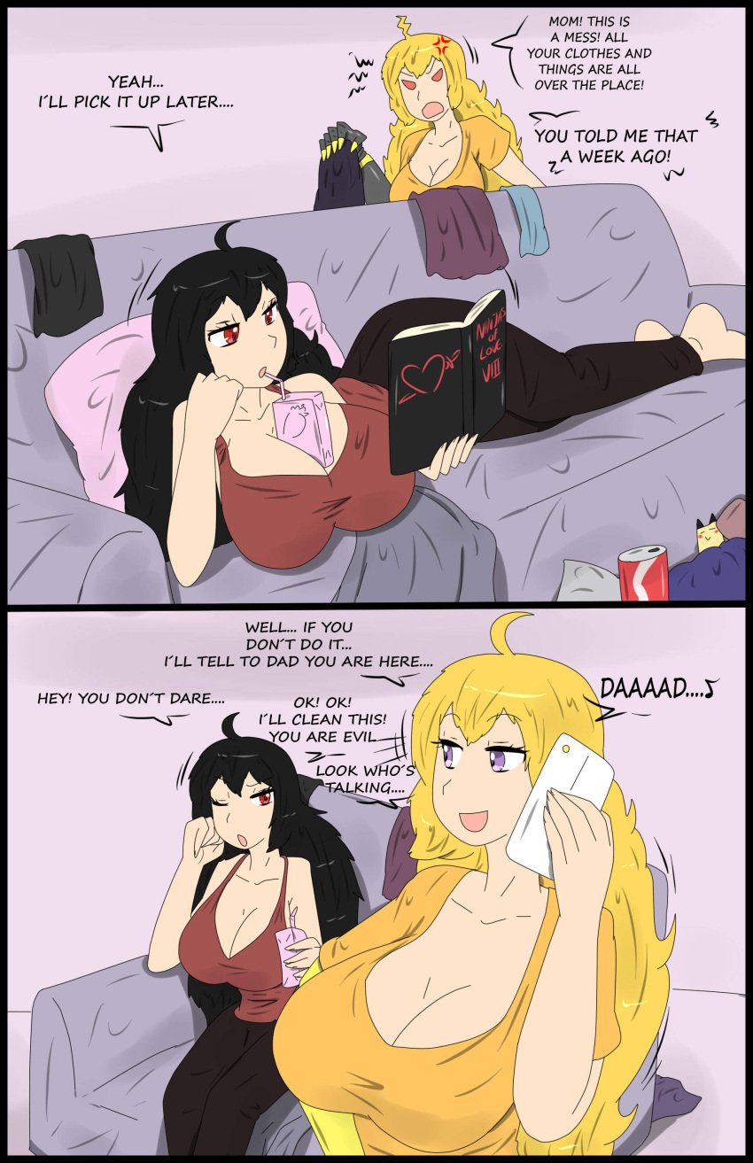 big_breasts black_hair black_hair_female blonde_female blonde_hair cleavage clothes_on_floor drinking_juice fjtiko long_hair long_hair_female phone purple_eyes raven_branwen reading red_eyes robotic_arm rwby yang_xiao_long zronku