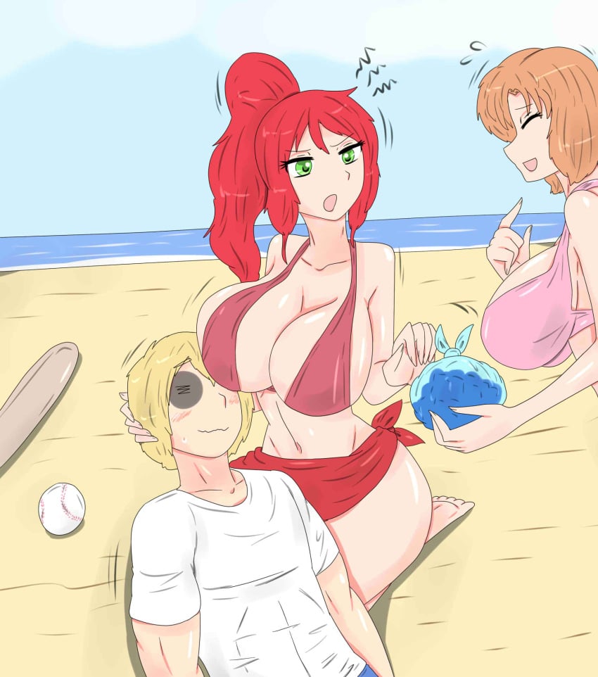 1boy 2girls baseball_(ball) baseball_bat beach big_breasts bikini bikini_top black_eye blonde_hair female fjtiko ice_pack jaune_arc male multiple_girls nora_valkyrie orange_hair orange_hair_female pyrrha_nikos red_hair red_hair_female rwby zronku