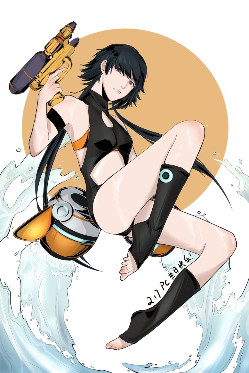 1girls ass ass_focus bikini bleach bleach_brave_souls feet female female_only gun legs soifon swimsuit toenails toes water watergun