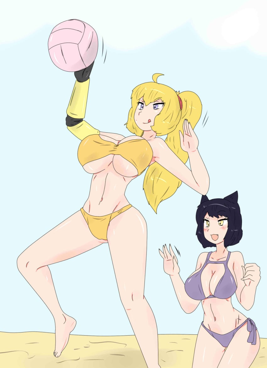 beach bikini bikini_bottom bikini_top black_hair black_hair_female blake_belladonna blonde_female blonde_hair cat_ears fjtiko ponytail purple_eyes robotic_arm rwby volleyball volleyball_(ball) yang_xiao_long yellow_eyes zronku