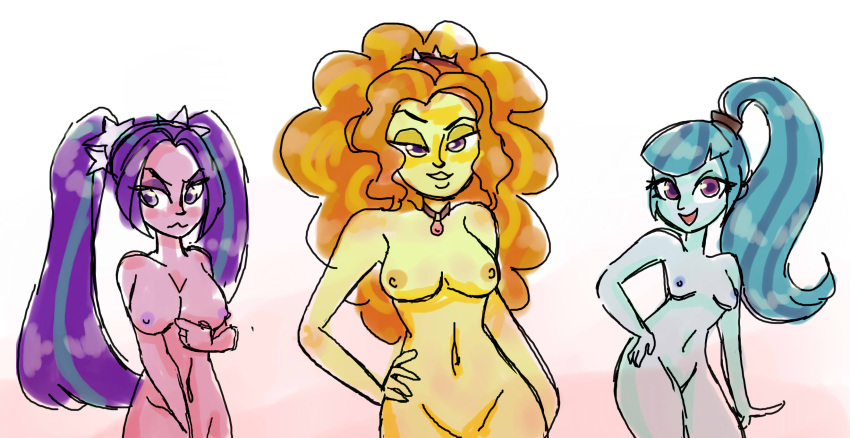 3girls adagio_dazzle aria_blaze big_breasts blue_hair blue_nipples breasts_size_difference curly_hair equestria_girls female_only hand_on_hip librebutterfly light_blue_skin long_hair medium_breasts my_little_pony orange_hair pink_skin ponytail purple_eyes purple_hair purple_nipples shaved_pussy small_breasts sonata_dusk the_dazzlings twintails yellow_nipples yellow_skin