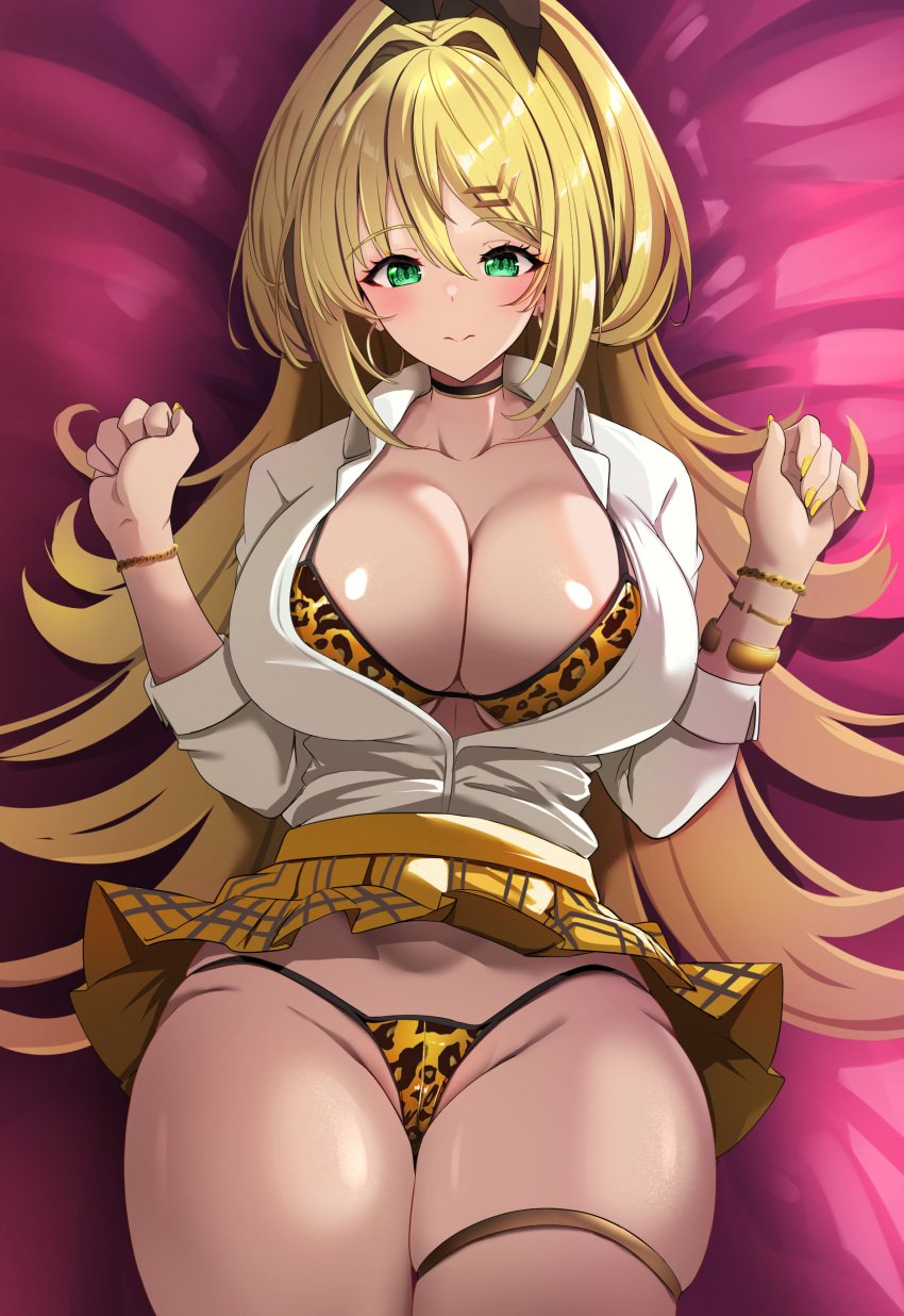 1girls bed blonde_hair blush breasts choker cleavage collarbone earrings female goddess_of_victory:_nikke green_eyes gyaru hair_ornament hi_res large_breasts leopard_print long_hair looking_at_viewer lying parted_lips pleated_skirt rupee_(nikke) senra_banshou sidelocks skirt skirt_up solo solo_female string_bikini thick_thighs thigh_strap thighs unbuttoned underwear voluptuous white_shirt wristband yellow_bikini yellow_skirt