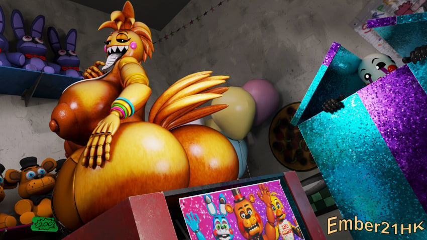 1girls 2k 3d 3d_(artwork) animatronic anthro areolae artist_name ass bbw big_breasts blender blender_(software) blender_cycles bracelets breasts chubby chubby_female curvaceous curvy curvy_figure dark_areola ember21hk female female_only five_nights_at_freddy's five_nights_at_freddy's_2 hi_res huge_ass huge_breasts huge_butt huge_thighs looking_at_viewer looking_back marionette_(fnaf) nipples peeking_out pink_cheeks puppet_(fnaf) robot robot_girl scottgames sharp_teeth solo thick_ass thick_thighs tongue tongue_out toy_chica_(cyanu) toy_chica_(fnaf) voluptuous wide_hips yellow_body