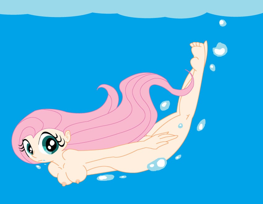 1girls eyelashes fluttershy_(mlp) friendship_is_magic frown green_eyes humanized long_hair my_little_pony nipples nude pink_hair skinny_dipping straight_hair swimming the1stmoyatia underwater