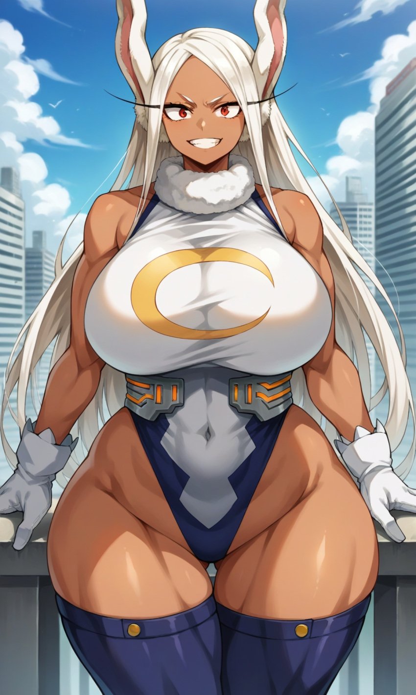 1girls ai_generated big_breasts big_thighs breasts dark-skinned_female dark_skin female female_only gigantic_thighs huge_breasts huge_thighs large_breasts large_thighs long_hair massive_thighs milkersenjoyer miruko muscular muscular_arms muscular_female muscular_thighs my_hero_academia rumi_usagiyama thick_thighs thighs very_long_hair white_hair