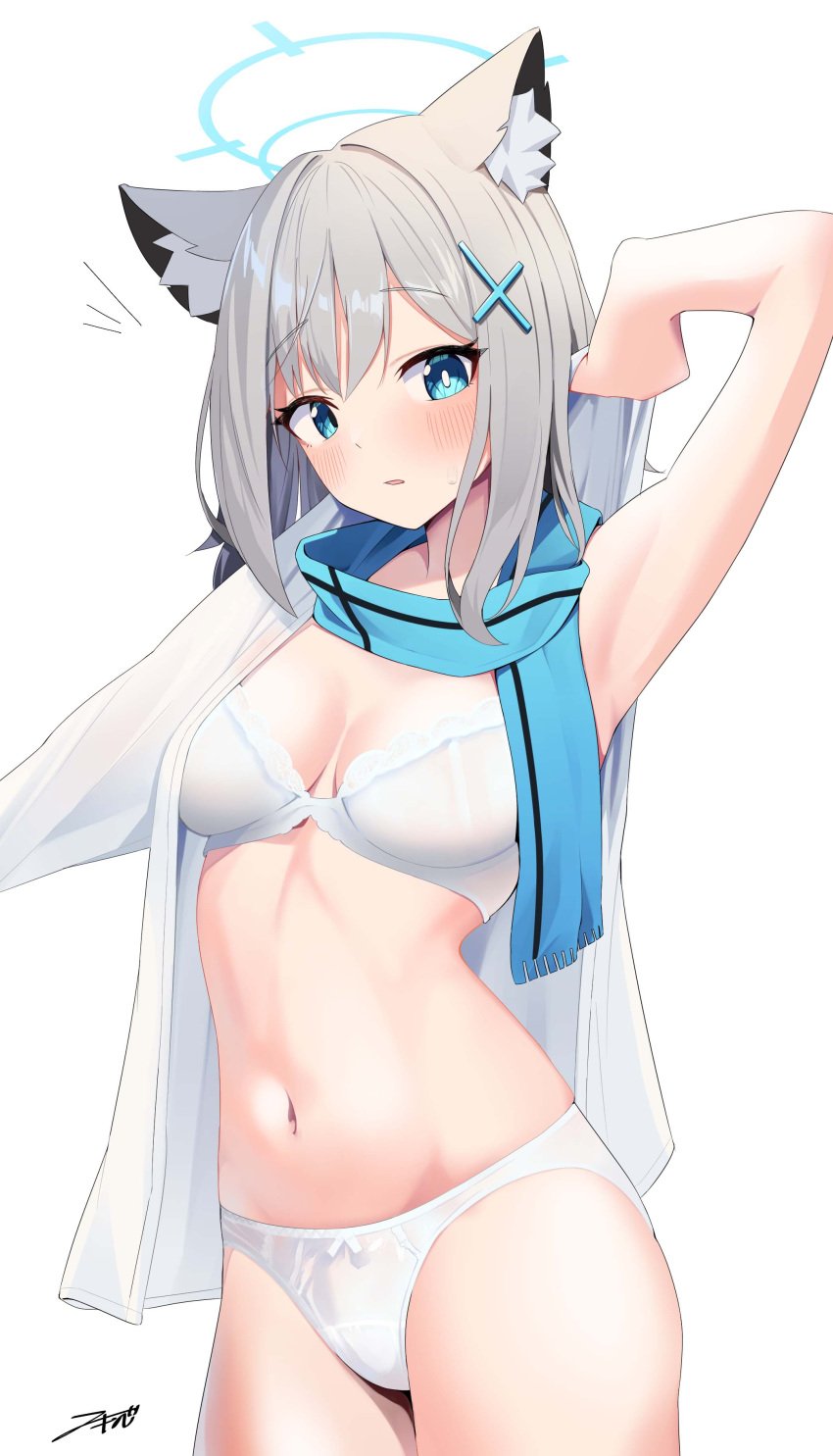 1girls abydos_high_school_student akinoji_(akiponpon27) blue_archive blue_scarf bra breasts female female_only foreclosure_task_force_(blue_archive) grey_hair heterochromatic_pupils panties partially_clothed scarf shiroko_(blue_archive) solo tagme white_bra white_pupil white_shirt wolf_ears wolf_girl