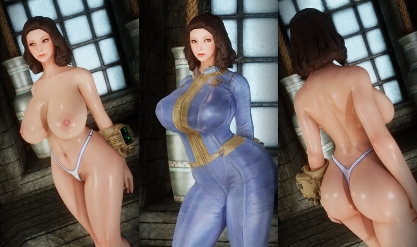 3d bethesda_softworks bodysuit emotrashcan fallout nora_(fallout_4) screenshot topless_female vault_dweller vault_suit