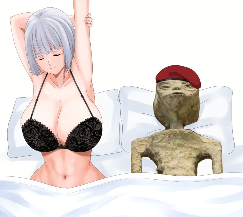 1boy after_sex arm_behind_head armpits bed bedroom beret black_bra bra breasts cleavage closed_eyes closed_mouth collarbone commander_(girls'_frontline) cyka female girls'_frontline guy_tired_after_sex_(meme) hand_up hat highres huge_breasts large_breasts lying meme mexico_alien navel on_bed pillow rpk-16_(girls'_frontline) short_hair smile underwear white_background white_hair