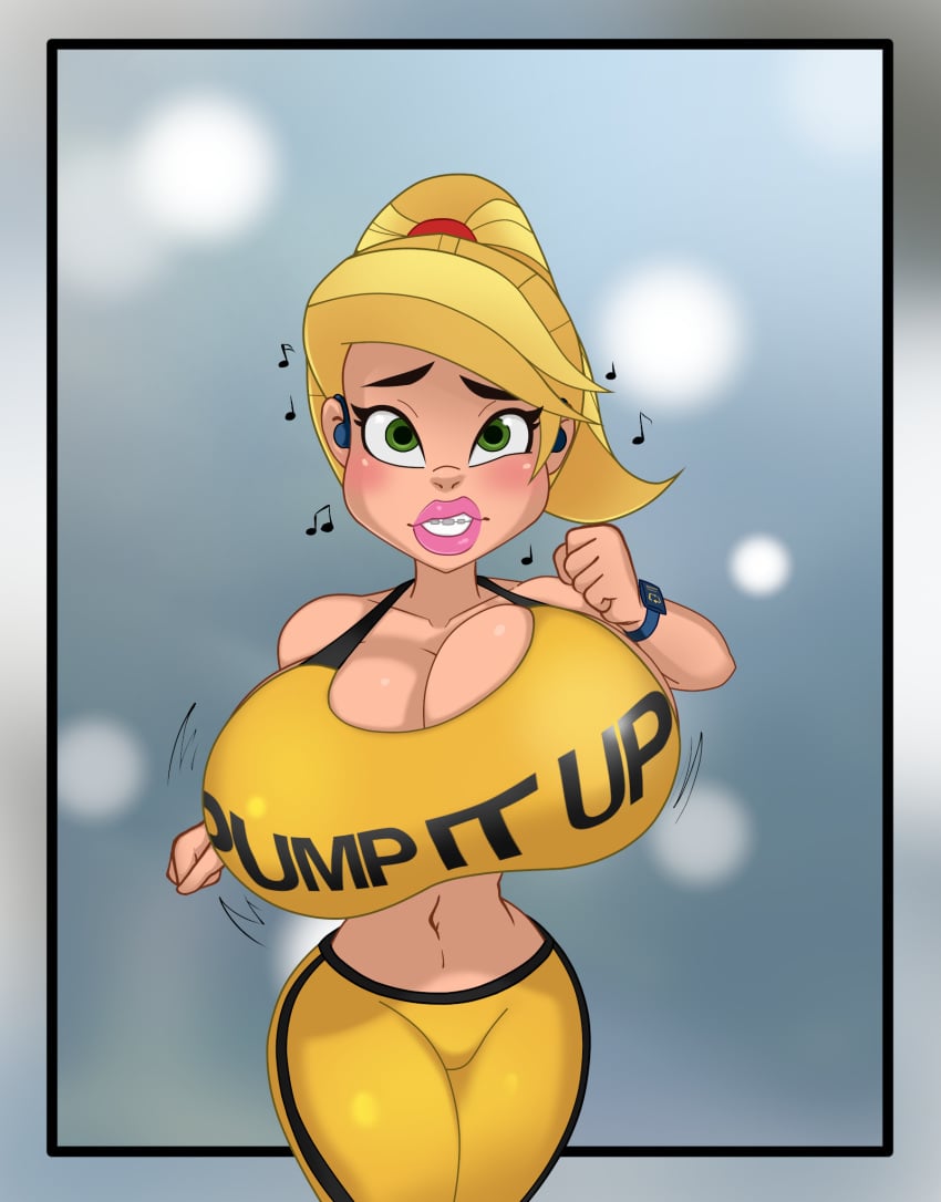 background bimbo bimbofication blonde_hair bouncing_breasts braceface braces breast_expansion drawfag earbuds english_text female female_only fully_clothed huge_breasts jogging jogging_outfit musical_note ponytail sharon_spitz sports_bra sportswear text yellow_sports_bra