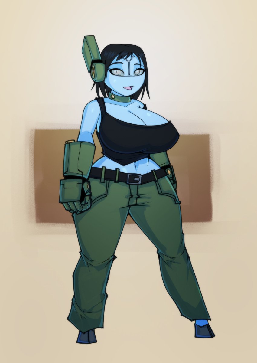 1girls belly_button belt big_breasts black_hair blue_skin choker cleavage cleavage_window collar exposed_belly gauntlets gloves hooves loose_belt loose_clothes sexualyeti short_hair tau thick_thighs warhammer_(franchise) warhammer_40k wide_hips